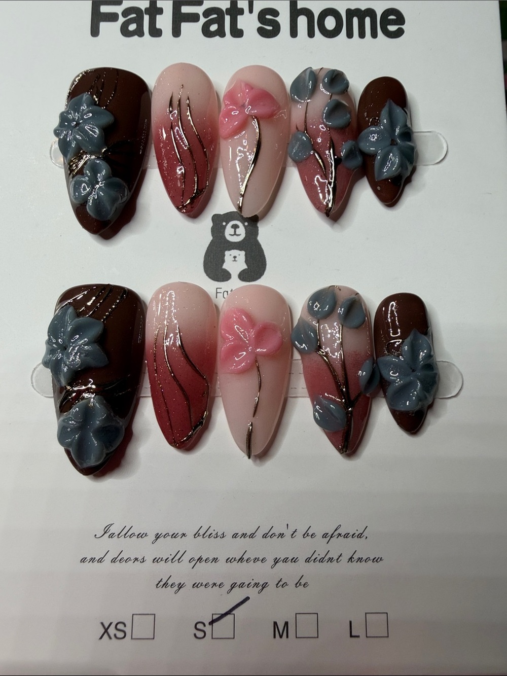 Handcrafted Pink & Brown Floral Press-On Nails - Fat Fat's Home